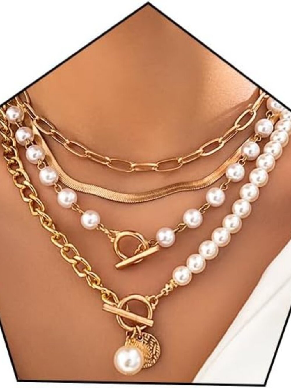 Layered Necklace Multilaye Chunky Plated layered Pearl Paperclip Chain Necklace